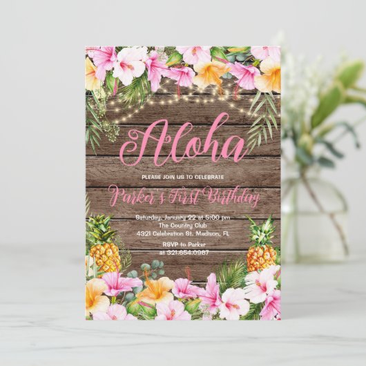 Houten Ananas Aloha Eerste Verjaardagsfeest Kaart (Staand voorkant)