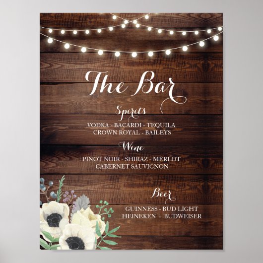 Houten Anemoon Bloemen Bar Bord Huwelijksreceptie Poster (Voorkant)