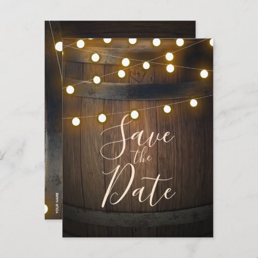 Houten Barrel Carved Heart Lights Save the Date Aankondigingskaart (Voorkant / Achterkant)