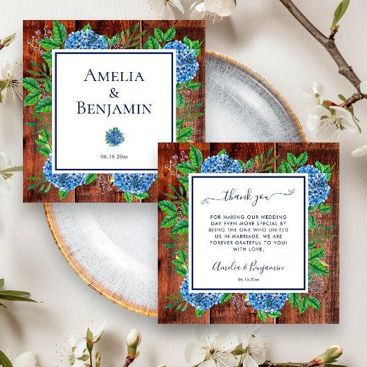 Houten Blauw Hydrangea Bruiloft Ambtenaar Bedankkaart