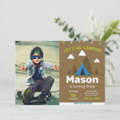 Houten blauwe camping verjaardagsuitnodiging met a kaart (Staand voorkant)