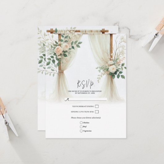 Houten Bloemenboog Groene Rozen Trouw RSVP Kaart (Voorkant / Achterkant in situ)