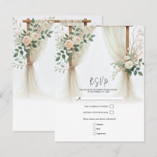 Houten Bloemenboog Groene Rozen Trouw RSVP Kaart (Voorkant / Achterkant)