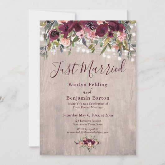 Houten bloemenlampen Net Getrouwd Ontvangst Alleen Kaart (Voorkant)