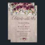 Houten bloemenverlichting Vier het met ons Recepti Kaart<br><div class="desc">Deze rustieke, elegante uitnodigingenset voor trouwfeesten en evenementen presenteert enkele populaire trends voor trouwfeestdesign, gecombineerd op een frisse manier. Met een gedempte, rustieke houten achtergrond, snoeren van twinkelende lichtjes en waterverf bordeauxrode en roze bloemaccenten, combineerde ik een mooi script en schreeftype in bordeauxrood. De koptekst luidt "Vier feest met ons"....</div>