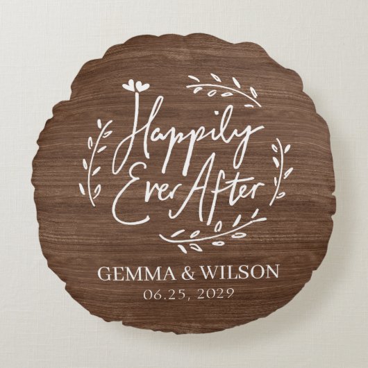 Houten Bloemige Persoonlijke Trouwcadeau Rond Kussen (Voorkant)