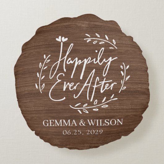 Houten Bloemige Persoonlijke Trouwcadeau Rond Kussen (Achterkant)