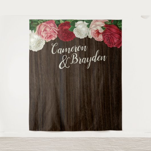 Houten Bloemrijke Rustieke Trouwfeest Achtergrond Wandkleed (Voorkant)