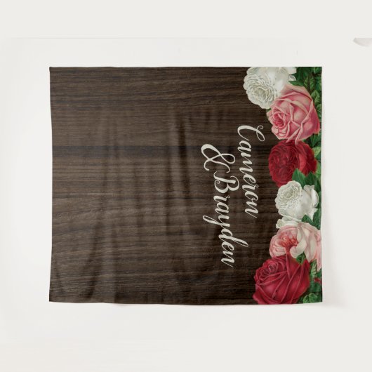 Houten Bloemrijke Rustieke Trouwfeest Achtergrondp Wandkleed (Voorkant (horizontaal))