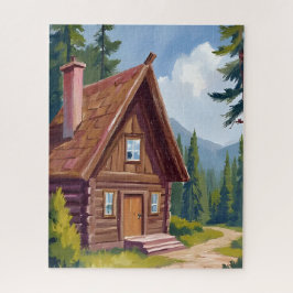 Houten Blokhut Cottage Berglandschap Legpuzzel