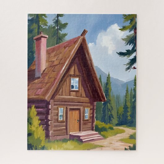 Houten Blokhut Cottage Berglandschap Legpuzzel (Verticaal)