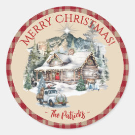 Houten Blokhut in de Bergen Kerst Ronde Label