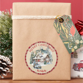 Houten Blokhut in de Bergen Kerst Ronde Label
