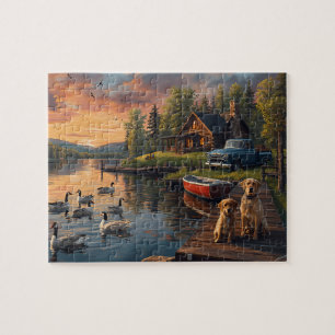 Houten Blokhut Meer Honden Vintage Truck Legpuzzel