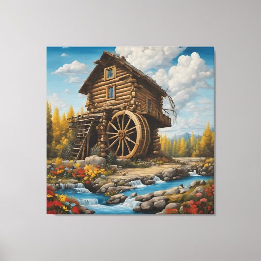 Houten Blokhut met Waterrad Canvas Afdruk (Voorkant)