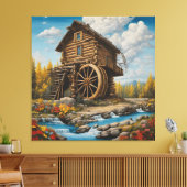 Houten Blokhut met Waterrad Canvas Afdruk (Insitu (Woonkamer))