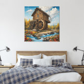 Houten Blokhut met Waterrad Canvas Afdruk (Insitu (Slaapkamer))
