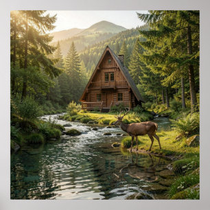 Houten Blokhut, Stroom, Bergen en Herten Natuur Ku Poster