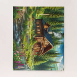 Houten Blokhut, Stroom en Bloemen in het Bos Legpuzzel