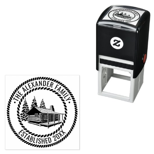 Houten Blokhut Winter Sneeuw Familie Naam Datum Op Zelfinktende Stempel (In situ)