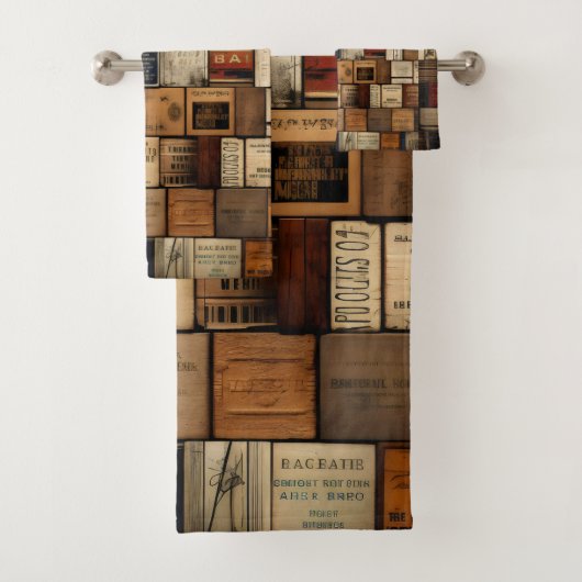 Houten bloktypografie en kunstcollage 2 bad handdoek (Insitu)