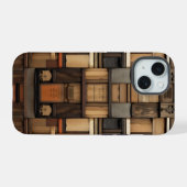 Houten bloktypografie en kunstcollage iPhone 15 case (Achterkant horizontaal)