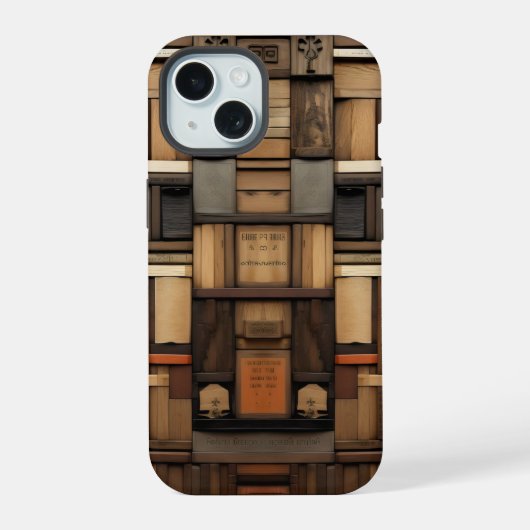 Houten bloktypografie en kunstcollage iPhone 15 case (Achterkant)