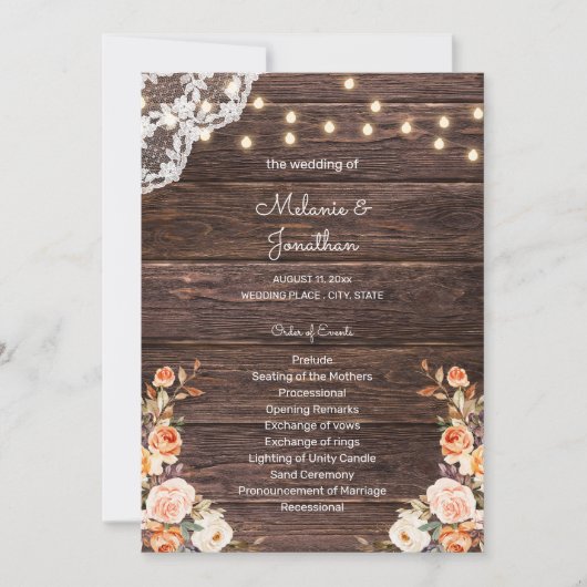 Houten Blos & Perzik Bloemige Trouwceremonie Progr Kaart (Voorkant)