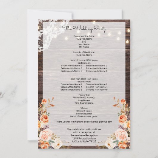 Houten Blos & Perzik Bloemige Trouwceremonie Progr Kaart (Achterkant)