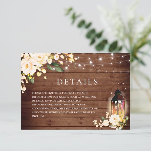 Houten Blozende Roos Bloemlantaarn Trouwdetails Informatiekaartje (Staand voorkant)