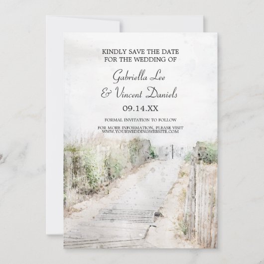 Houten Boardwalk to Beach Bruiloft Save the Date Kaart (Voorkant)