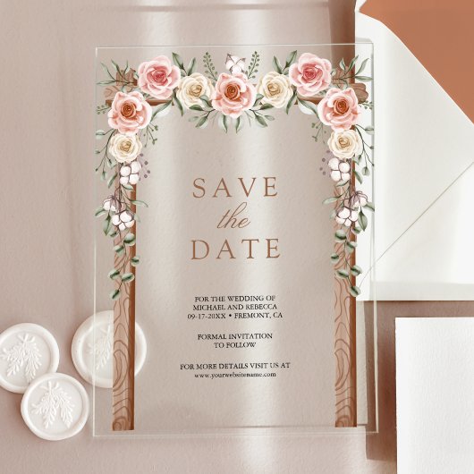 Houten Boho Bloemenkroon Bruiloft Save the Date Acryl Uitnodigingen