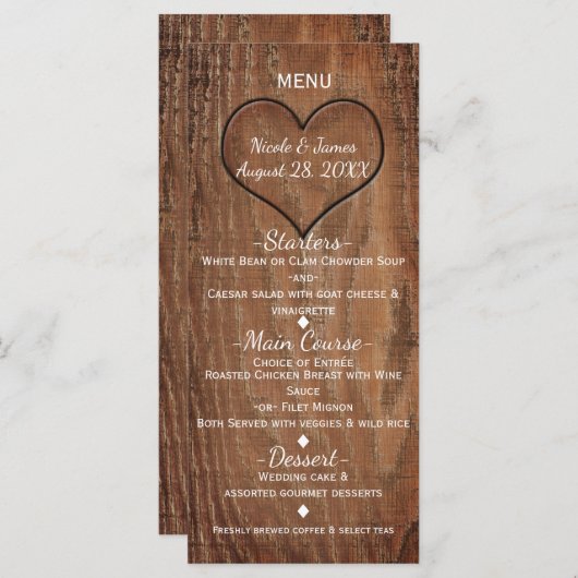 Houten boom gekarteld in het menu Hart Rustic Wedd (Voorkant / Achterkant)