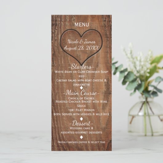 Houten boom gekarteld in het menu Hart Rustic Wedd (Staand voorkant)