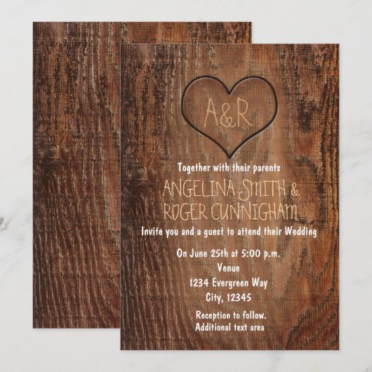 Houten boom gesneden hart rustieke bruiloft uitnod kaart (Voorkant / Achterkant)