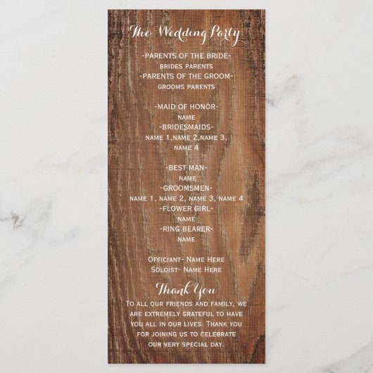 Houten boom gesneden in hart rustieke bruiloft pro programmakaart (Achterkant)