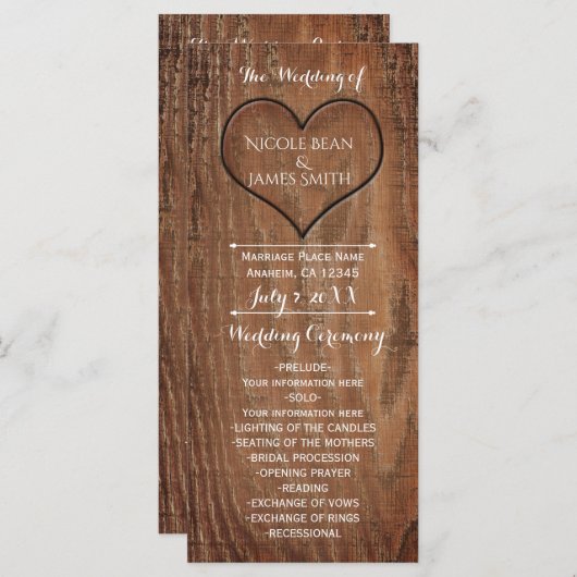 Houten boom gesneden in hart rustieke bruiloft pro programmakaart (Voorkant / Achterkant)