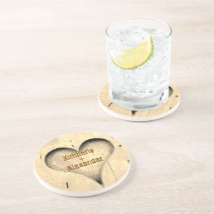Houten Boom met Hart Geschenk met Namen van het Ko Zandsteen Onderzetter