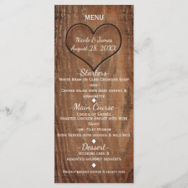 Houten boom uitgesneden in hart rustieke trouwmenu menu