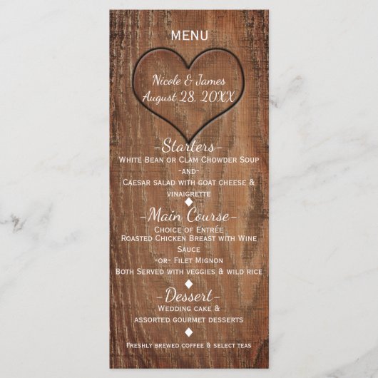 Houten boom uitgesneden in hart rustieke trouwmenu menu (Voorkant)