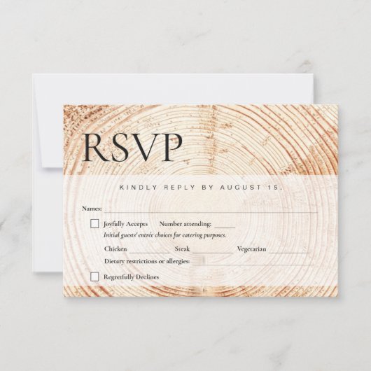 Houten boomschors Rustic Wedding maaltijd keuzes RSVP Kaartje (Voorkant)