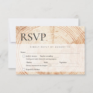 Houten boomschors Rustic Wedding maaltijd keuzes RSVP Kaartje