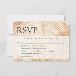 Houten boomschors Rustieke Bruiloft maaltijd keuze RSVP Kaartje