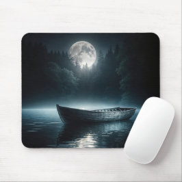 Houten boot op het maanverlichte meer muismat