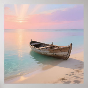 Houten Boot Tropische Zonsondergang Strand Poster