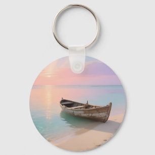 Houten Boot Tropische Zonsondergang Strand Sleutelhanger