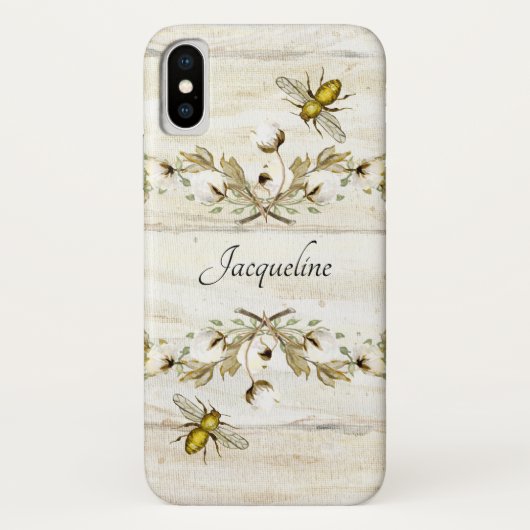 Houten Bord Boerderij Katoenbol en Bijen Waterverf Case-Mate iPhone Case (Achterkant)