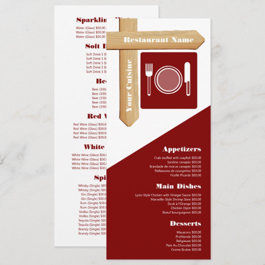 Houten bord tafelinstelling, restaurant slanke vor menu (Voorkant / Achterkant)
