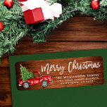 Houten Borstel Script  Truck Christmas Green Etiket<br><div class="desc">Rustiek Hout - Borstel Script Waterverf  Rode Vrachtwagen met Kerstboom - Merry Christmas Family Return Address Label</div>