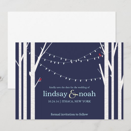 Houten Bos Navy Save the Date Aankondigingen (Voorkant / Achterkant)